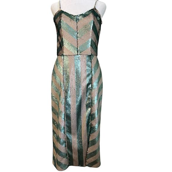 Johanna Ortiz Salon De Paris Jade Ivory Striped Sequin Dress Pearl Embellished 6 - Picture 1 of 12